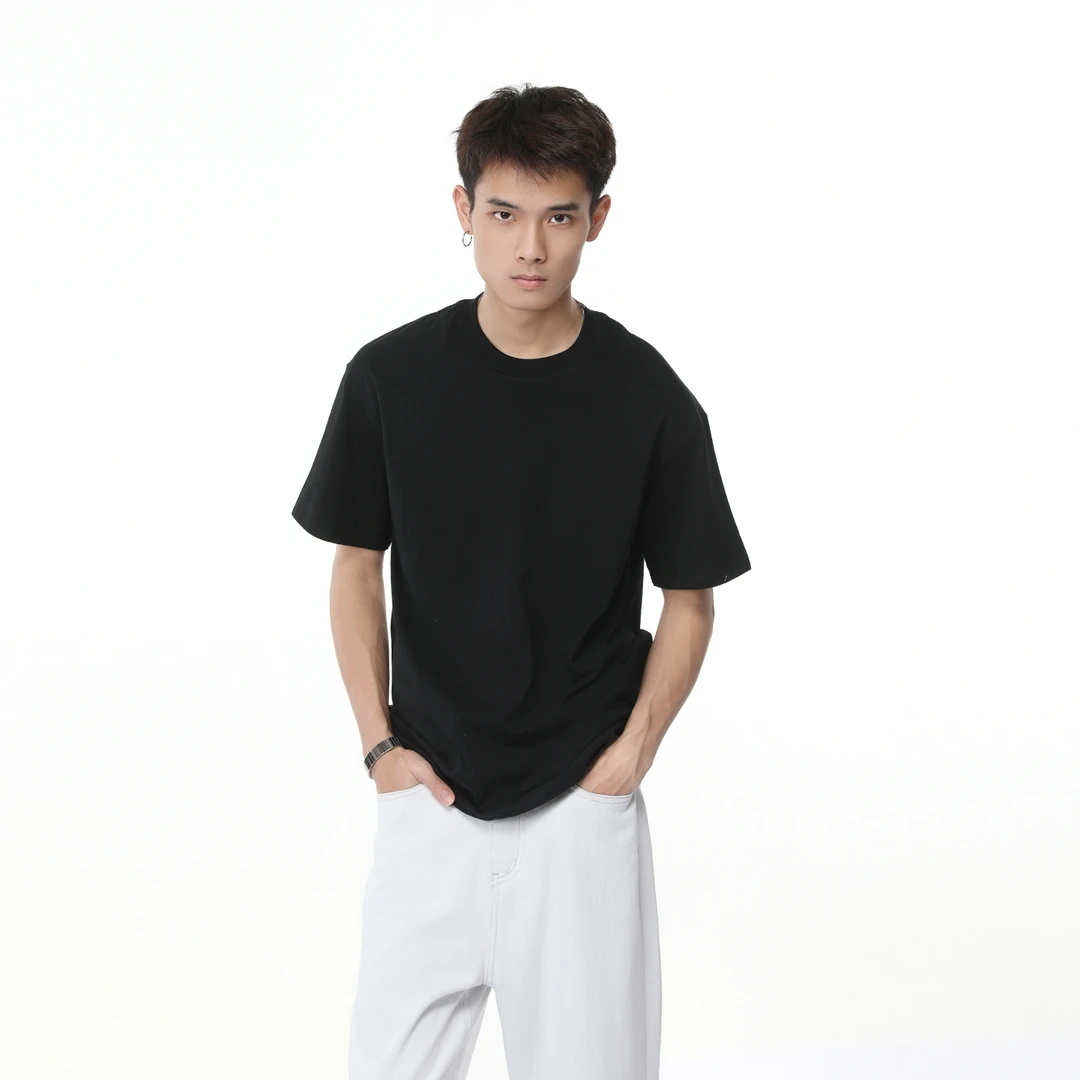 Voguo Relay纯色黑色白色230g纯棉二本针领口宽松短袖圆领T恤男女