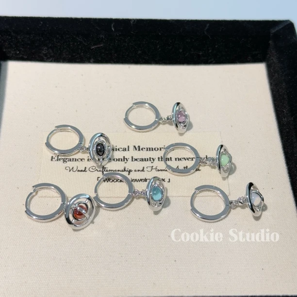 铜合金合成锆石耳饰 玻璃珠立体土星耳扣耳环 多色清透