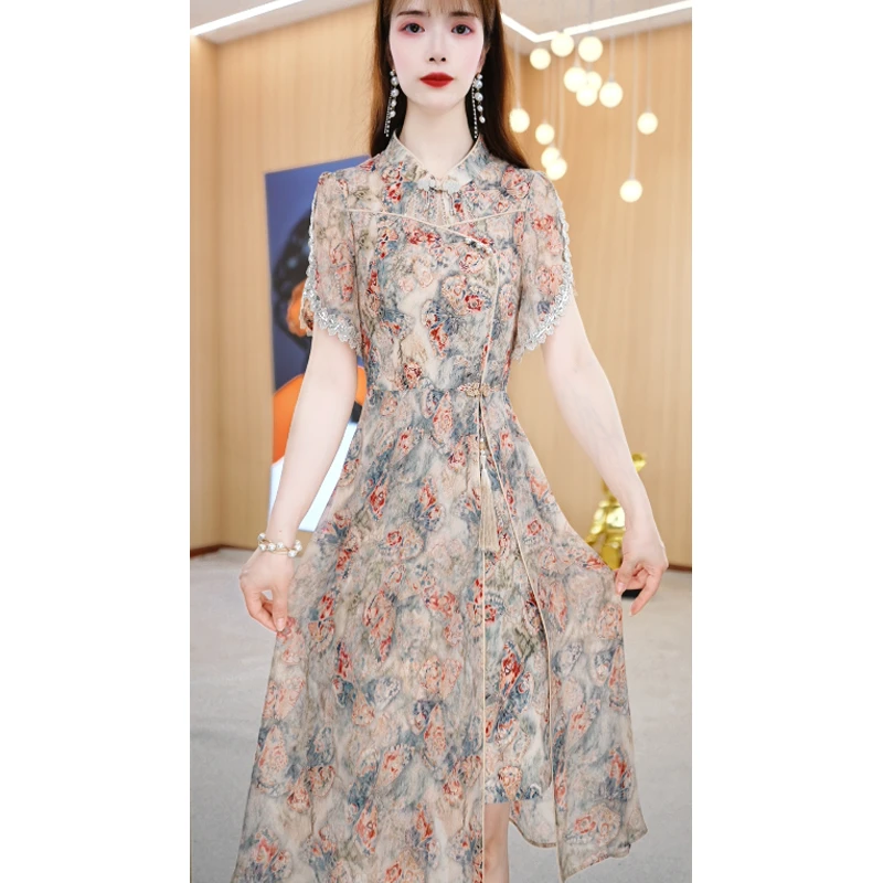 【连衣裙】夏季新款立领中式绣花减龄休闲通勤中长款连衣裙M-4XL