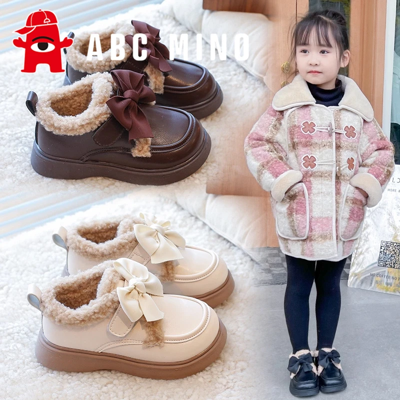 ABC MINO女童皮鞋冬季儿童二棉豆豆鞋小女孩公主加绒加厚棉鞋软底