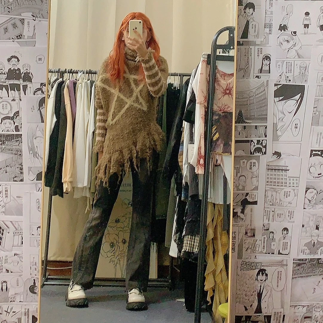 设计感亚文化复古提花慵懒宽松毛衣冬季新款上衣T恤废土风长袖