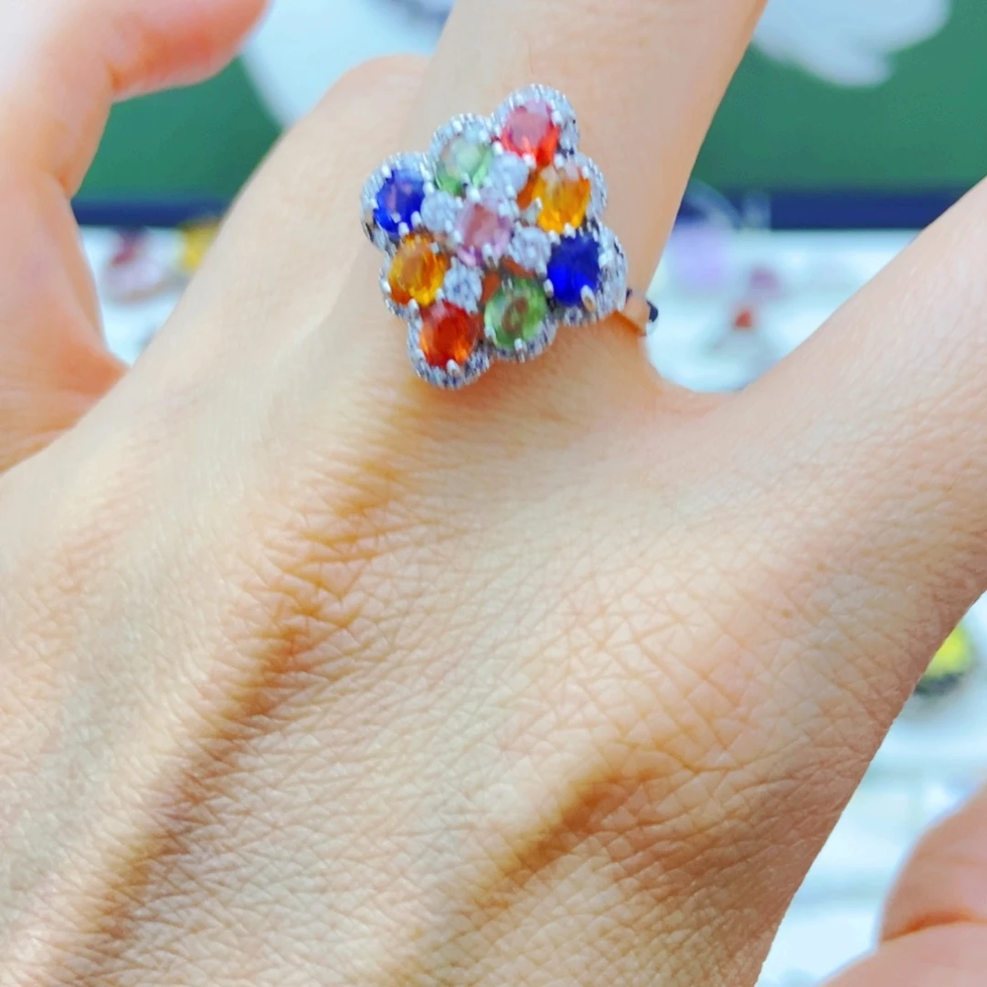 戒指彩色蓝宝石银S925镶嵌