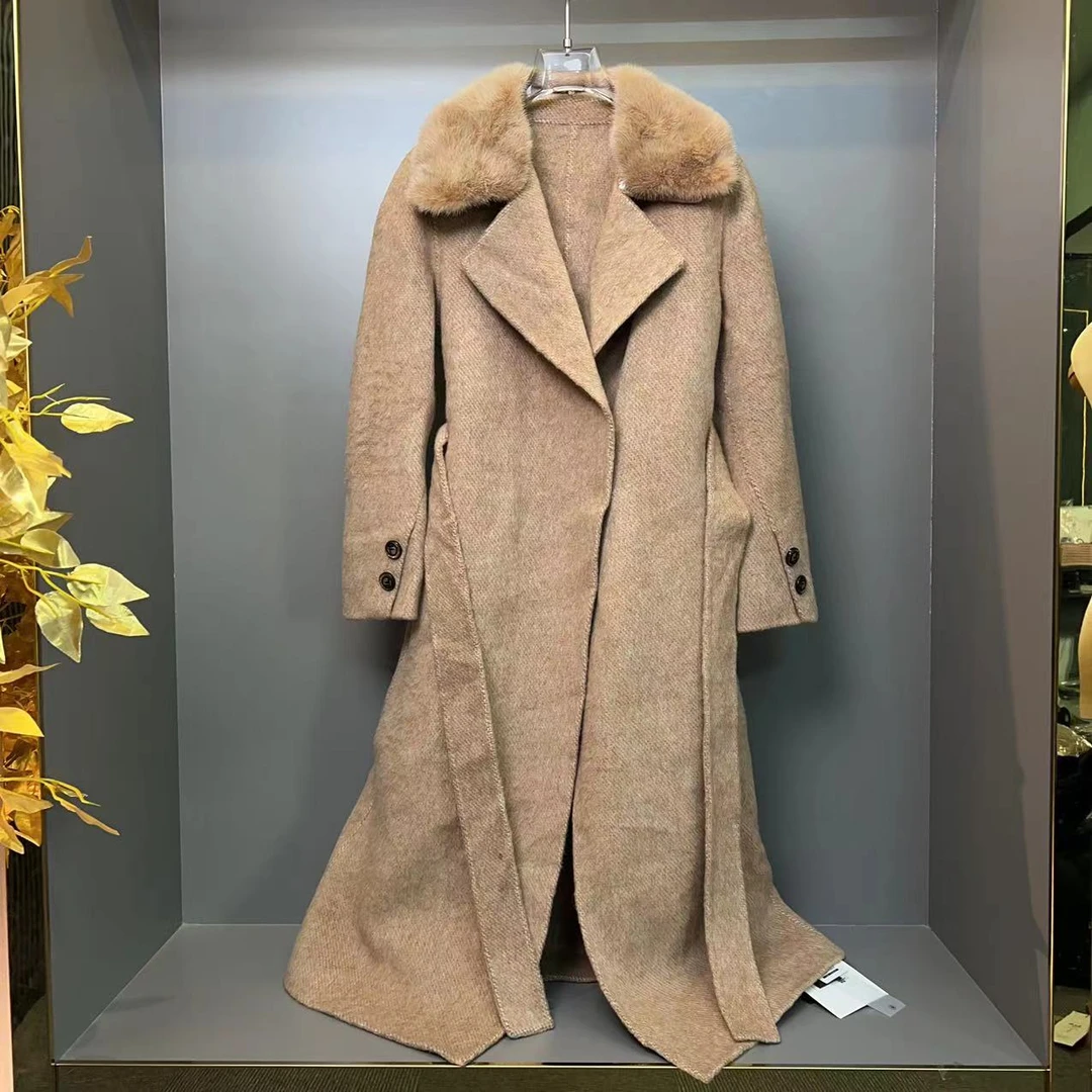 2024年冬季新款水貂毛拼接中长款加厚皮草外套女宽松大码大衣绑带