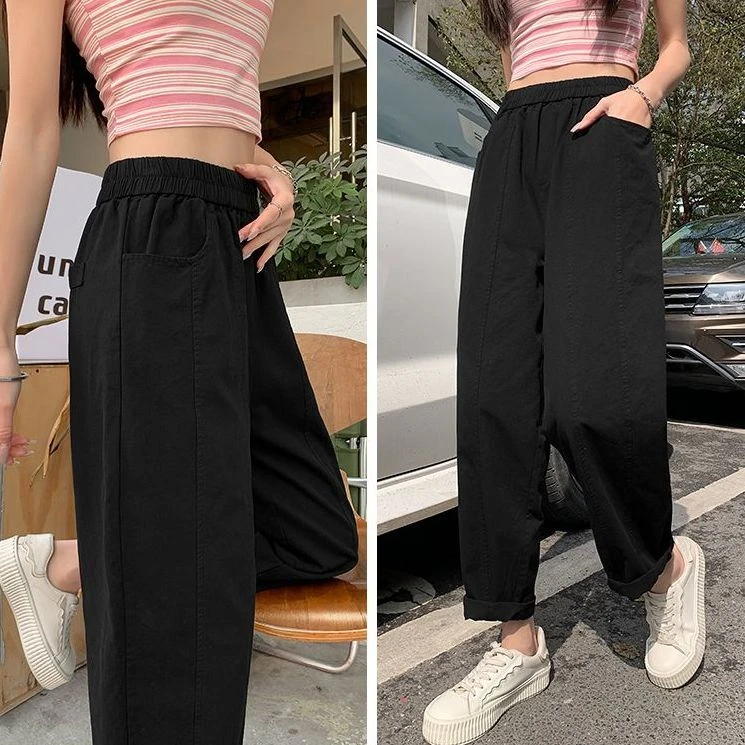 大码胖MM韩版梨型高腰速干裤女夏季薄款百搭休闲宽松哈伦裤九分裤