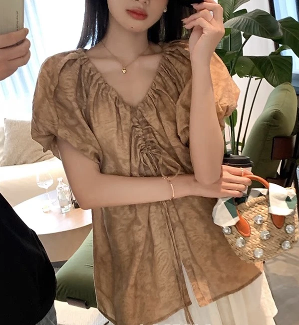 07 复古文艺风纹理抽绳设计高级感短袖衬衫（D12）