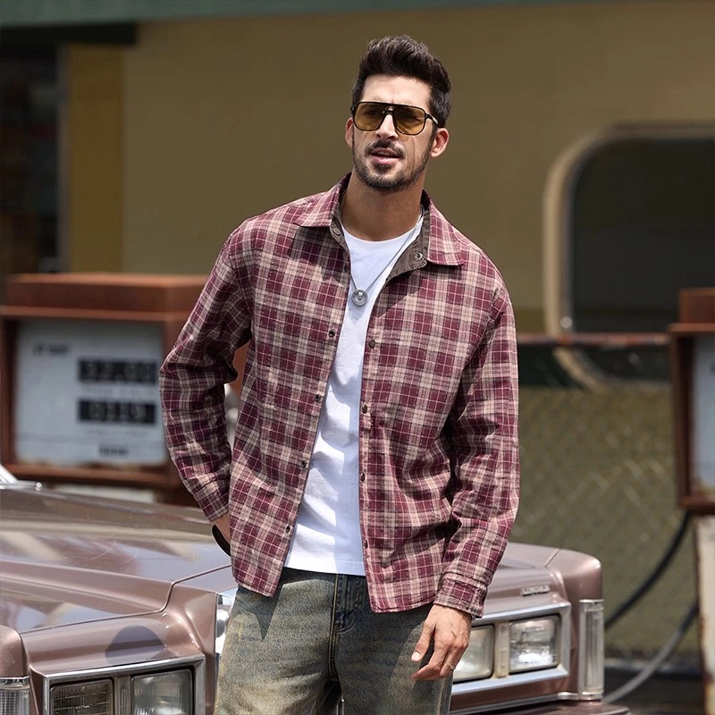 【两面可穿】美式复古重磅纯棉格子衬衫男秋季新款英伦风衬衣外套男