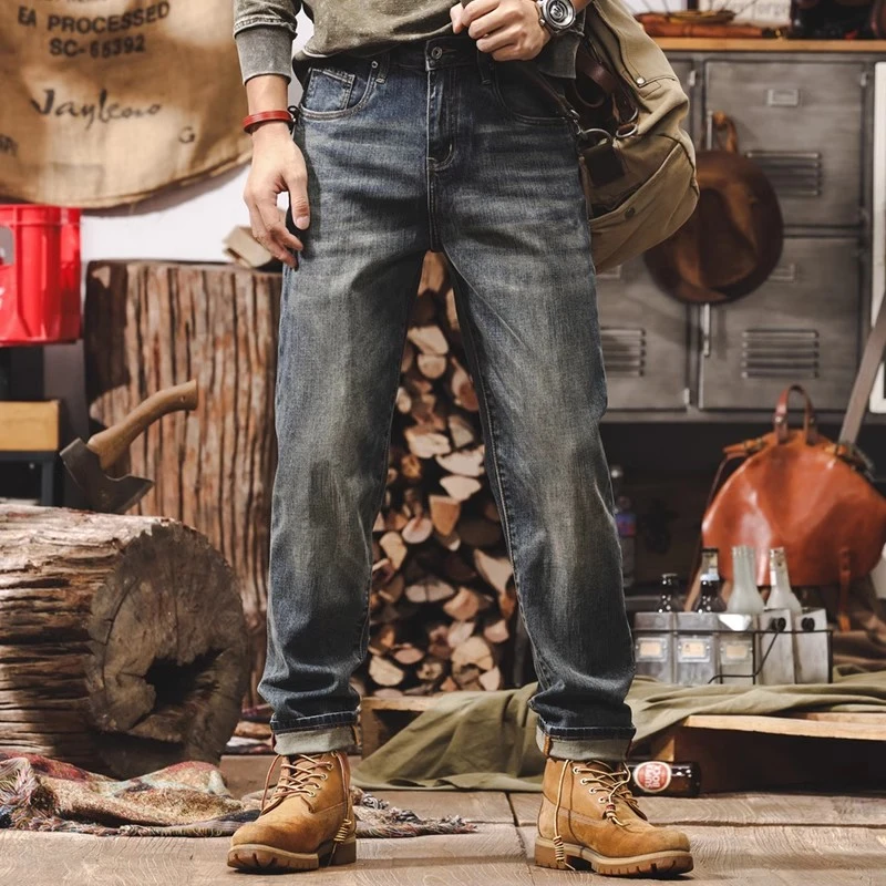 美式复古bootcut秋季牛仔裤男百搭新款潮牌水洗做旧弹力休闲长裤