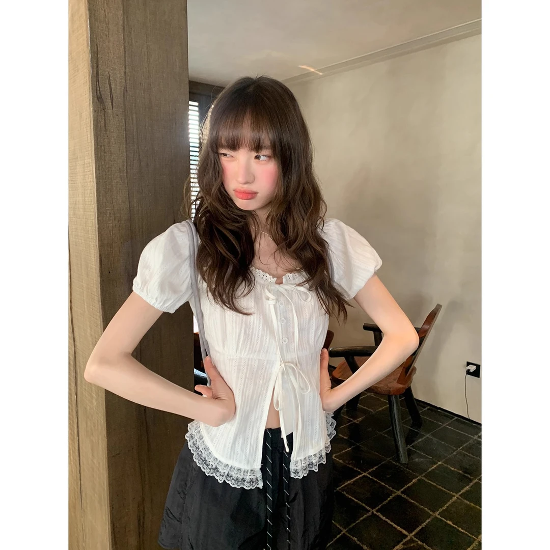 你好卡农 甜美风蕾丝边绑带短袖衬衫女夏季洋气小衫独特别致上衣