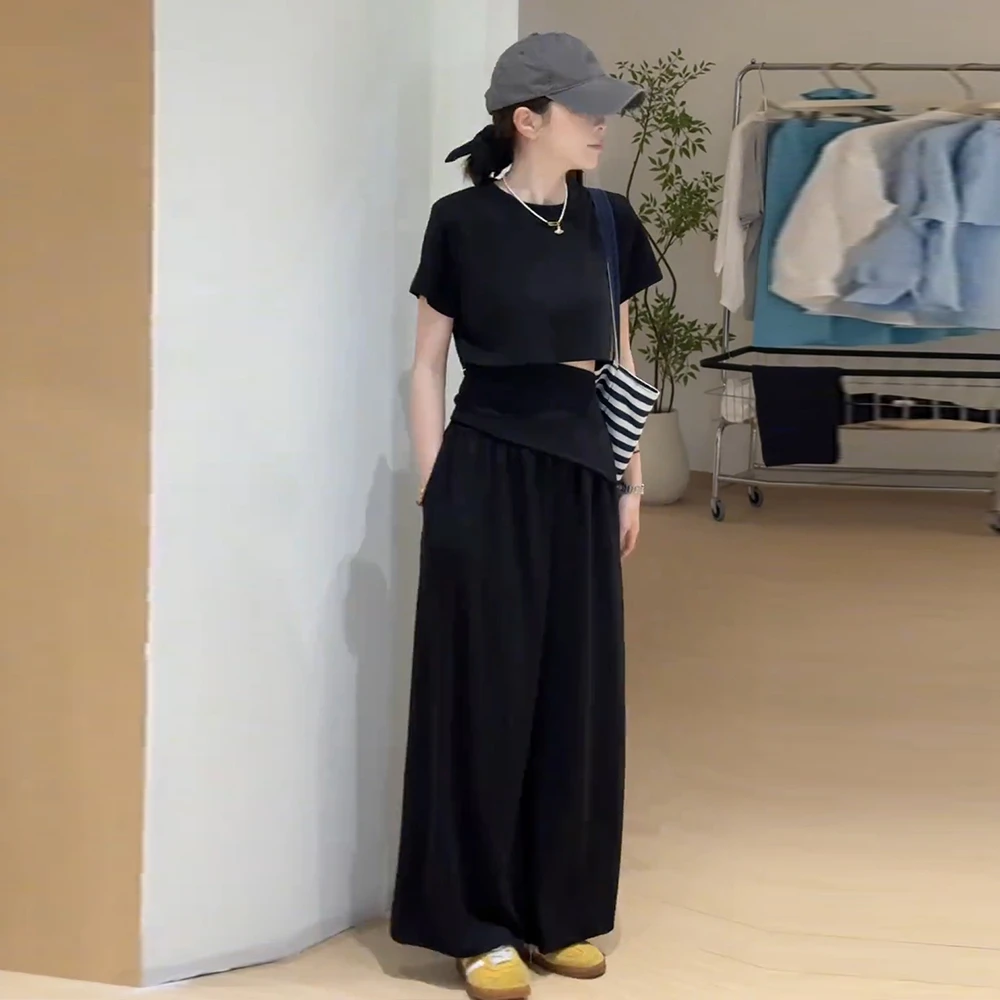 韩系时尚套装不规则镂空收腰短袖T恤阔腿裤女夏季显瘦黑色两件套