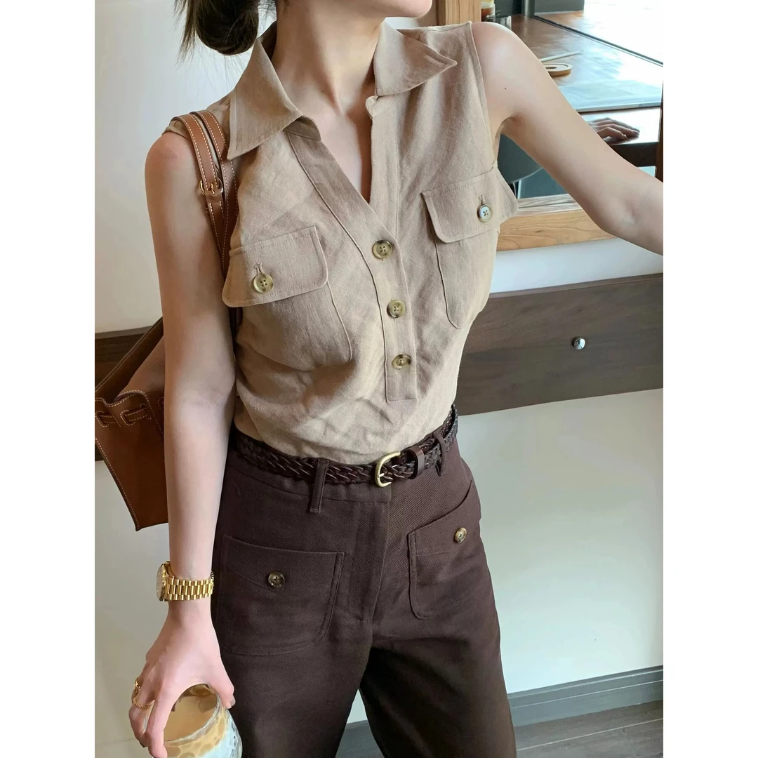 老钱风女式衣服气质无袖背心衬衫上衣2025夏季新款高腰显瘦阔腿裤