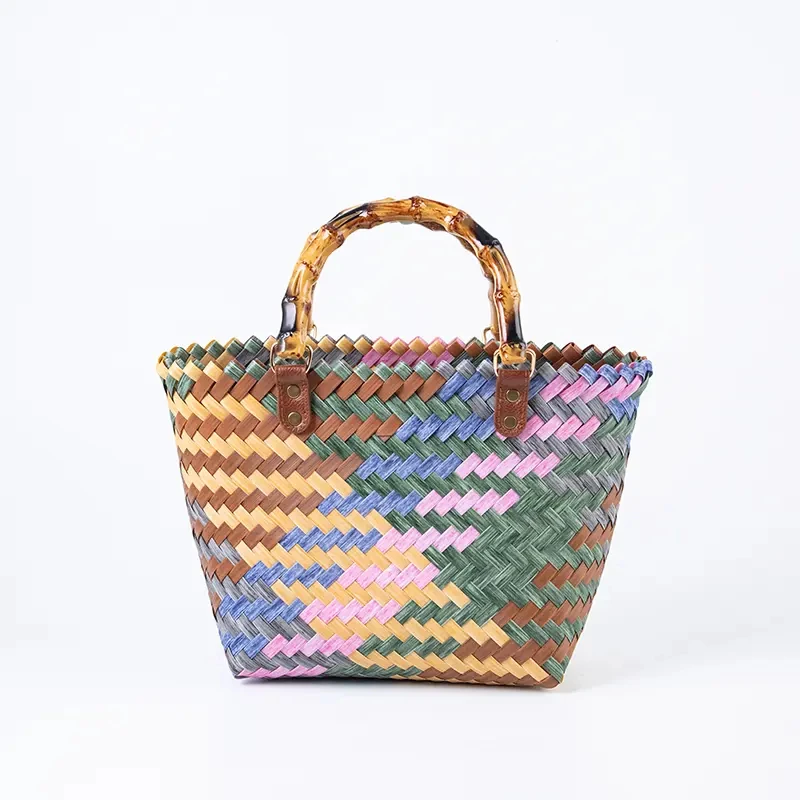 彩色手提包菜篮子上班通勤包篮子复古竹节包包防水包编织包饭盒包