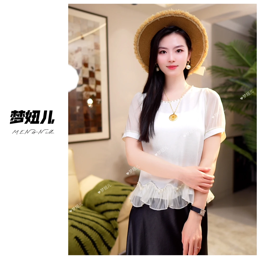 【夏日花瓣】夏季新款短袖衬衫白色时尚气质缎面显瘦透气高档上衣女