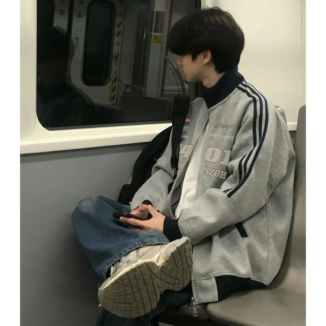 美式创意ins字母印花立领三条杠开衫外套男女秋冬季宽松休闲卫衣