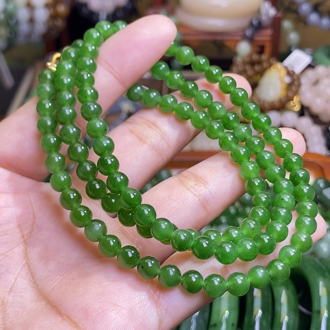 和田玉手镯未镶嵌碧玉满色满绿约6mm108佛珠