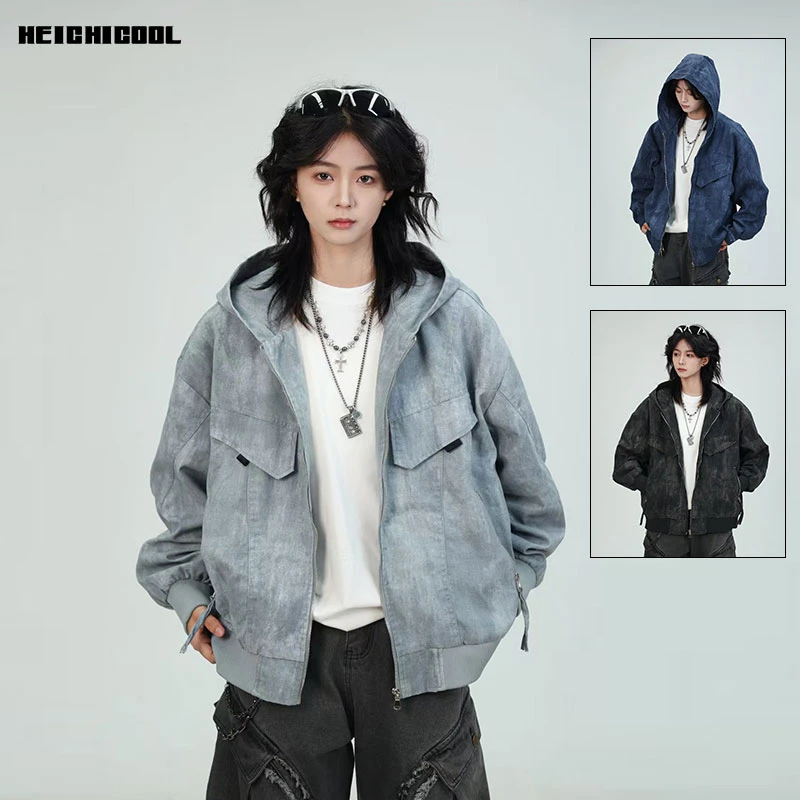 美式水洗工装夹克男女秋季复古潮牌连帽情侣外套高街设计感棒球服