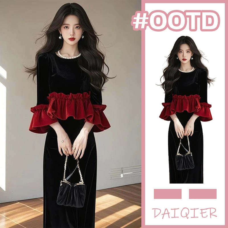 2025秋季新款女装高级感贵气穿搭法式小香风富家千金黑色丝绒套装