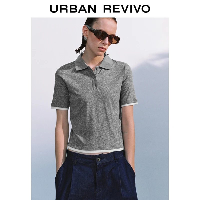 UR2025秋季新款女装格雷系Polo领撞色短款短袖T恤UWM450127+