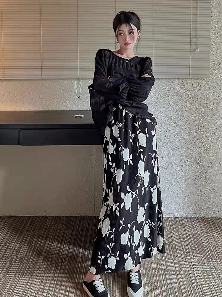 6106 法式复古高腰碎花过膝长裙宽松压褶显瘦气质半身裙