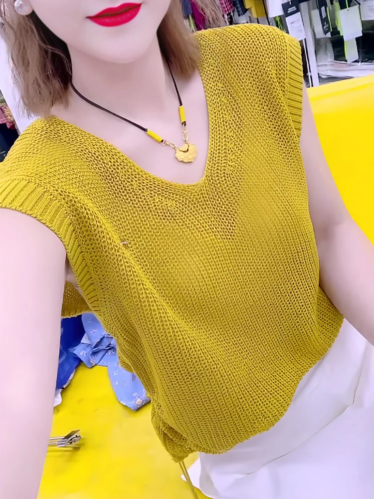 简约气质知性黄色针织短袖女2025年夏季新款柔软透气显白大码上衣