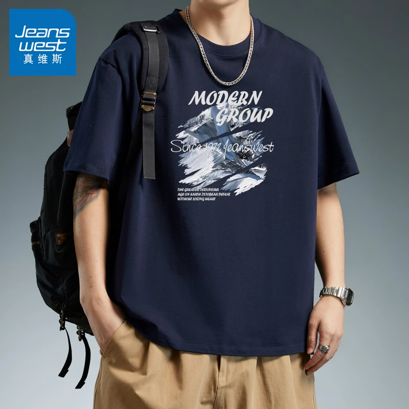 Jeanswest/真维斯夏季男士t恤短袖宽松潮流休闲圆领纯棉男生衣服