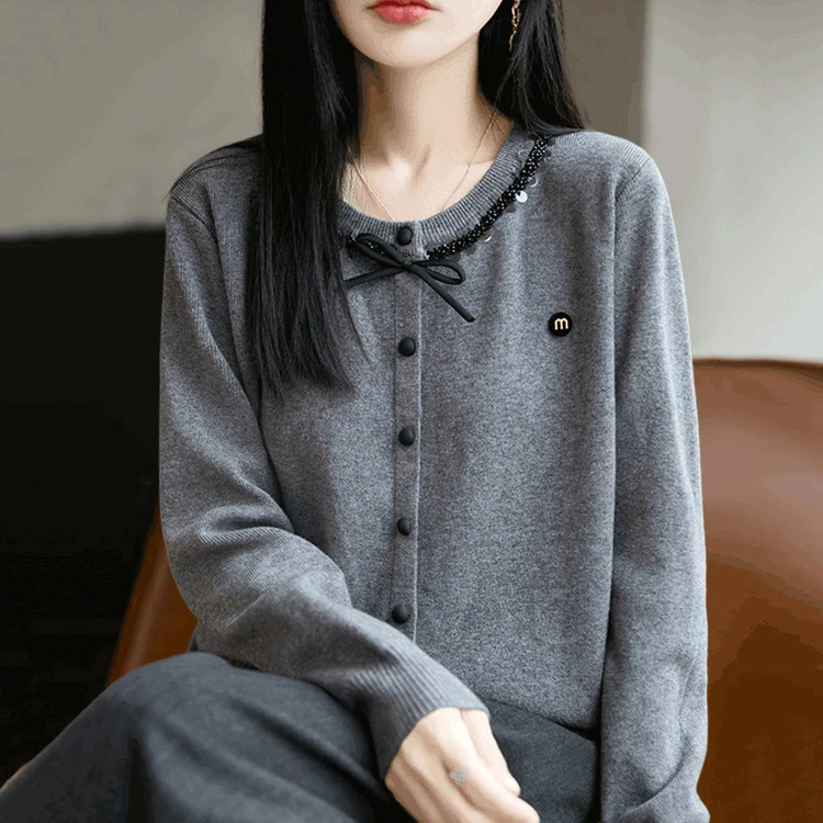 纯100羊毛衫女秋冬新款针织衫开衫纯色设计感女款宽松显瘦打底衫