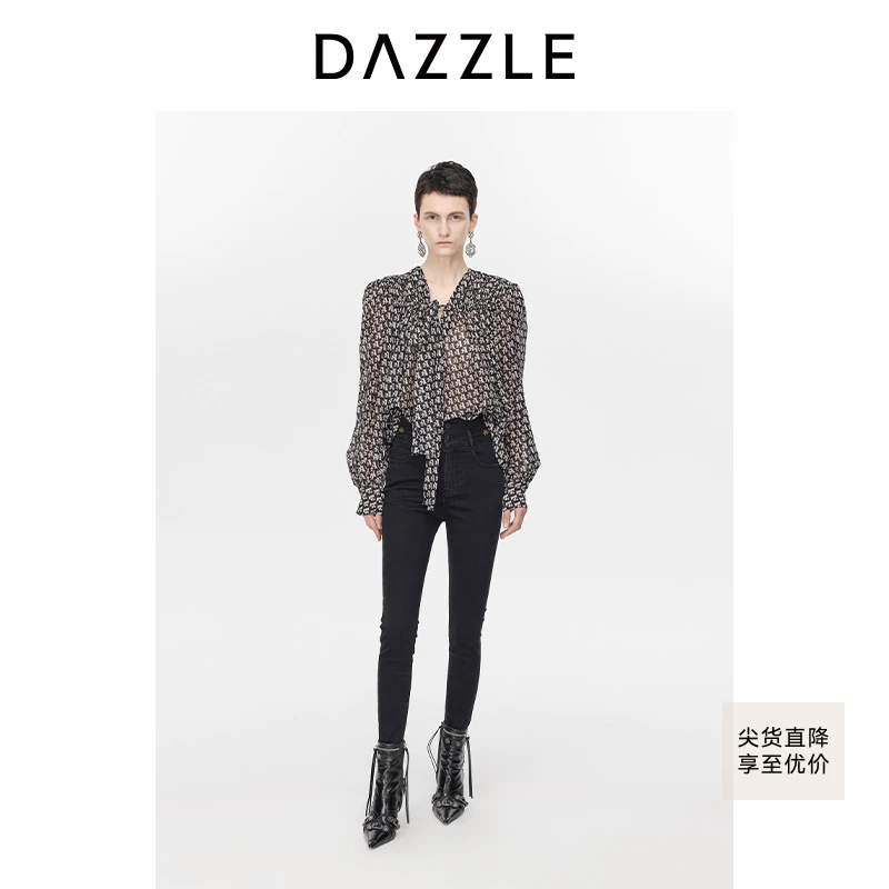 DAZZLE地素 衬衫春秋女装满印印花桑蚕丝混纺雪纺长袖上衣2H3D512