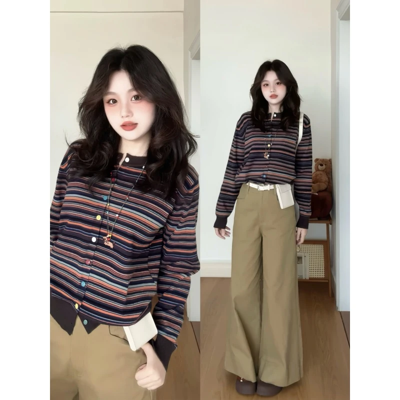 MARIE.COCO韩系复古撞色条纹针织上衣秋季新款高腰休闲长裤两件套