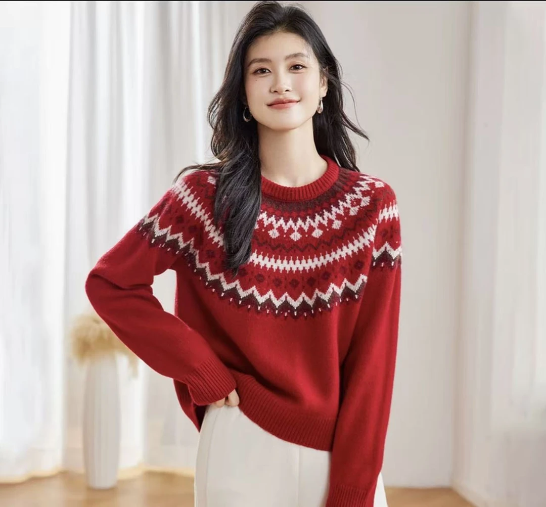 100%绵羊毛【费尔岛提花】2025秋冬新款复古民族风女式羊毛衫