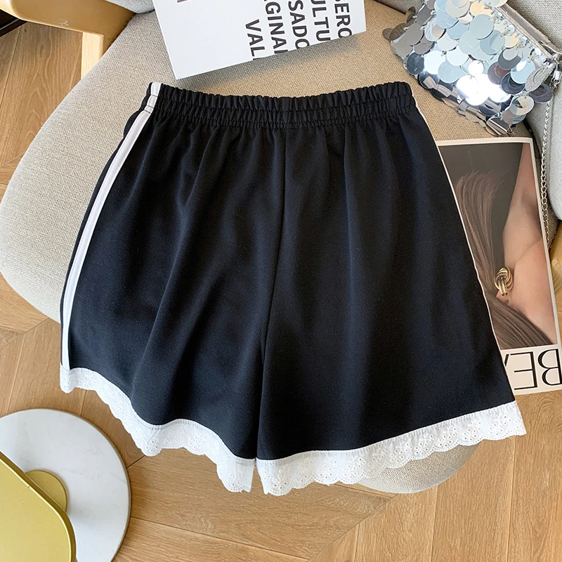 松紧腰女黑色短裤设计感花边外穿热裤新款实拍高腰现货夏季宽松