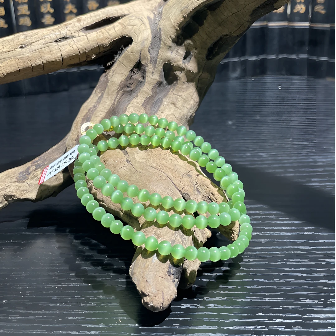 和田玉碧玉猫眼一线天项链116颗5mm果绿色长链