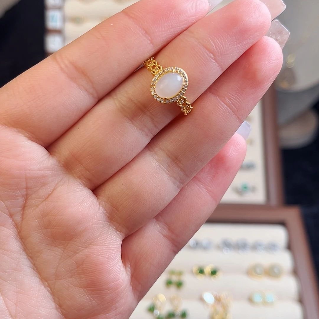 和田玉戒指银S925镶嵌野***瓜