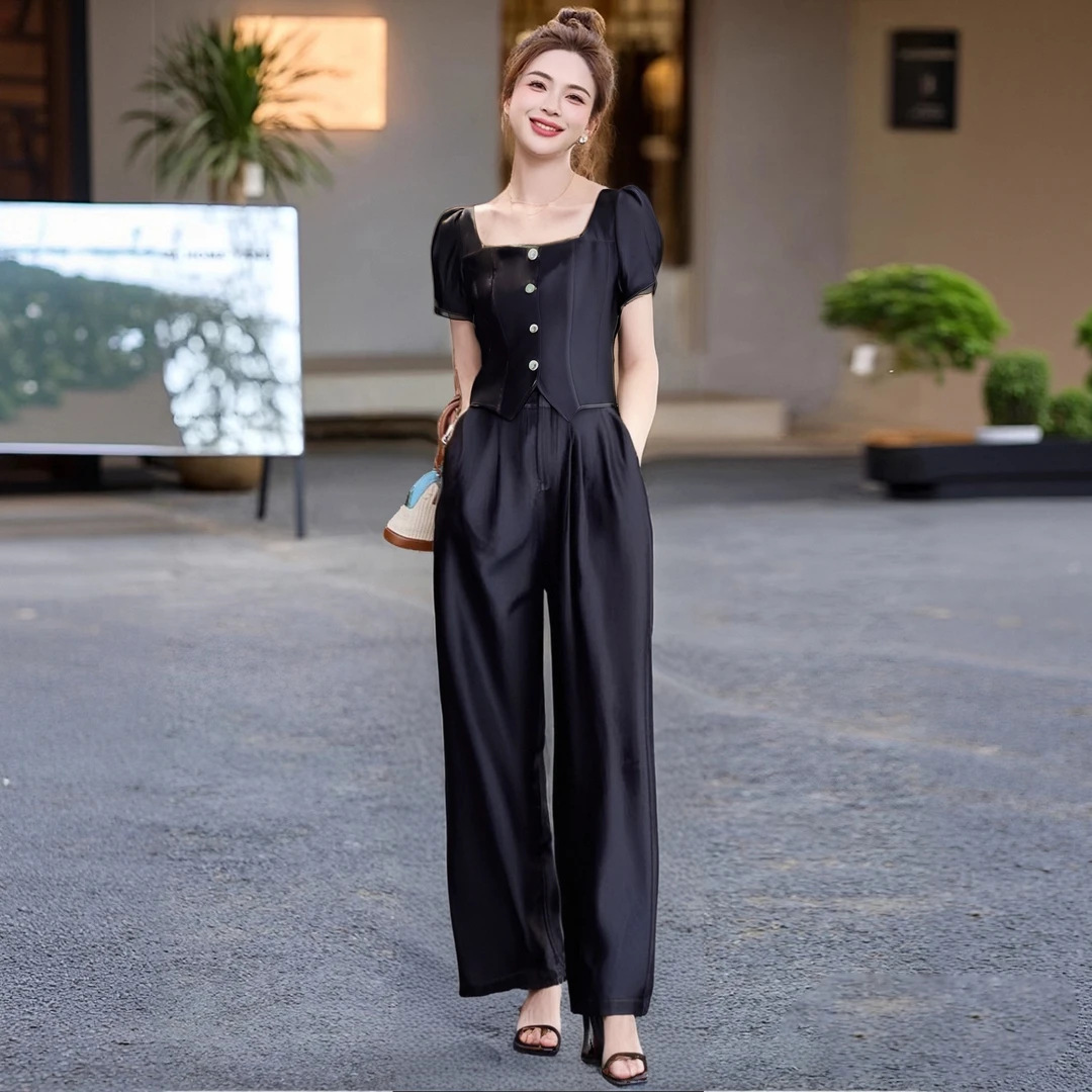 A【两件套】2025夏新款薄款气质短袖上衣显瘦阔腿休闲裤套装女D2123