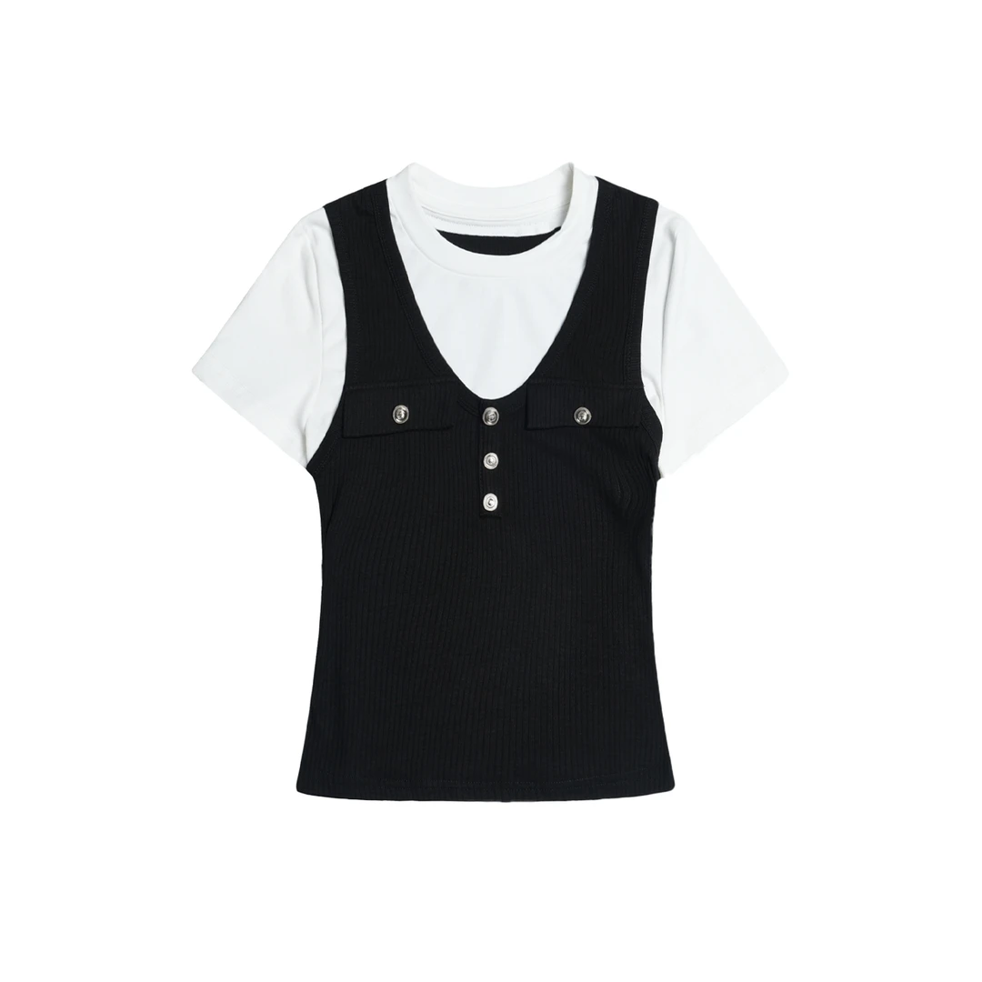 ITIBxMAMOUR设计感假两件拼接T恤撞色收腰短袖上衣IBE2STMAM0245