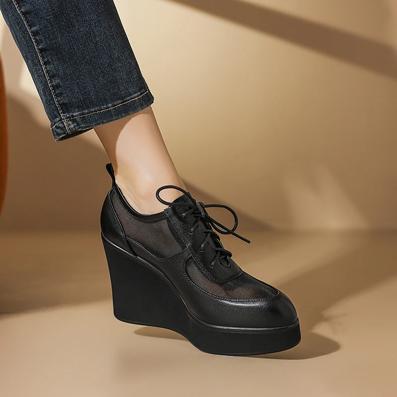 防水台坡跟单鞋女春夏薄款系带厚底松糕鞋镂空网纱透气真皮高跟鞋