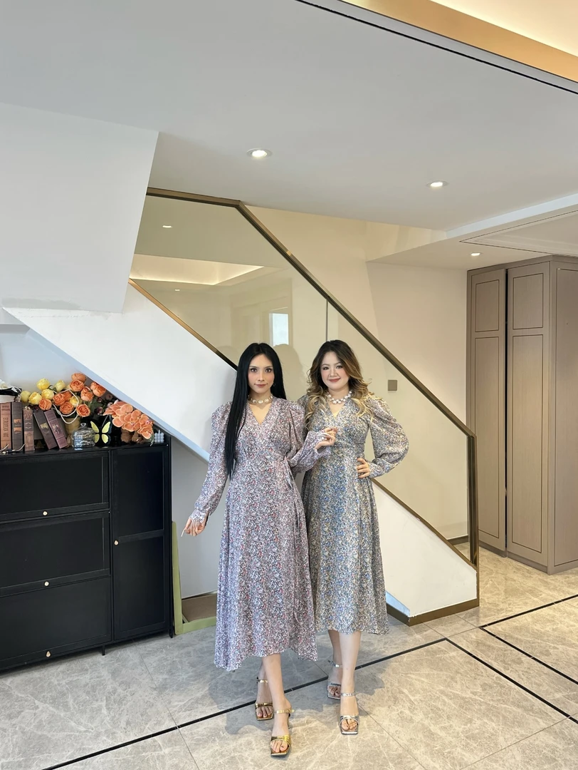 A&N   【百花齐放】夏季韩版修身V领显瘦复古印花脚踝碎花裙长裙