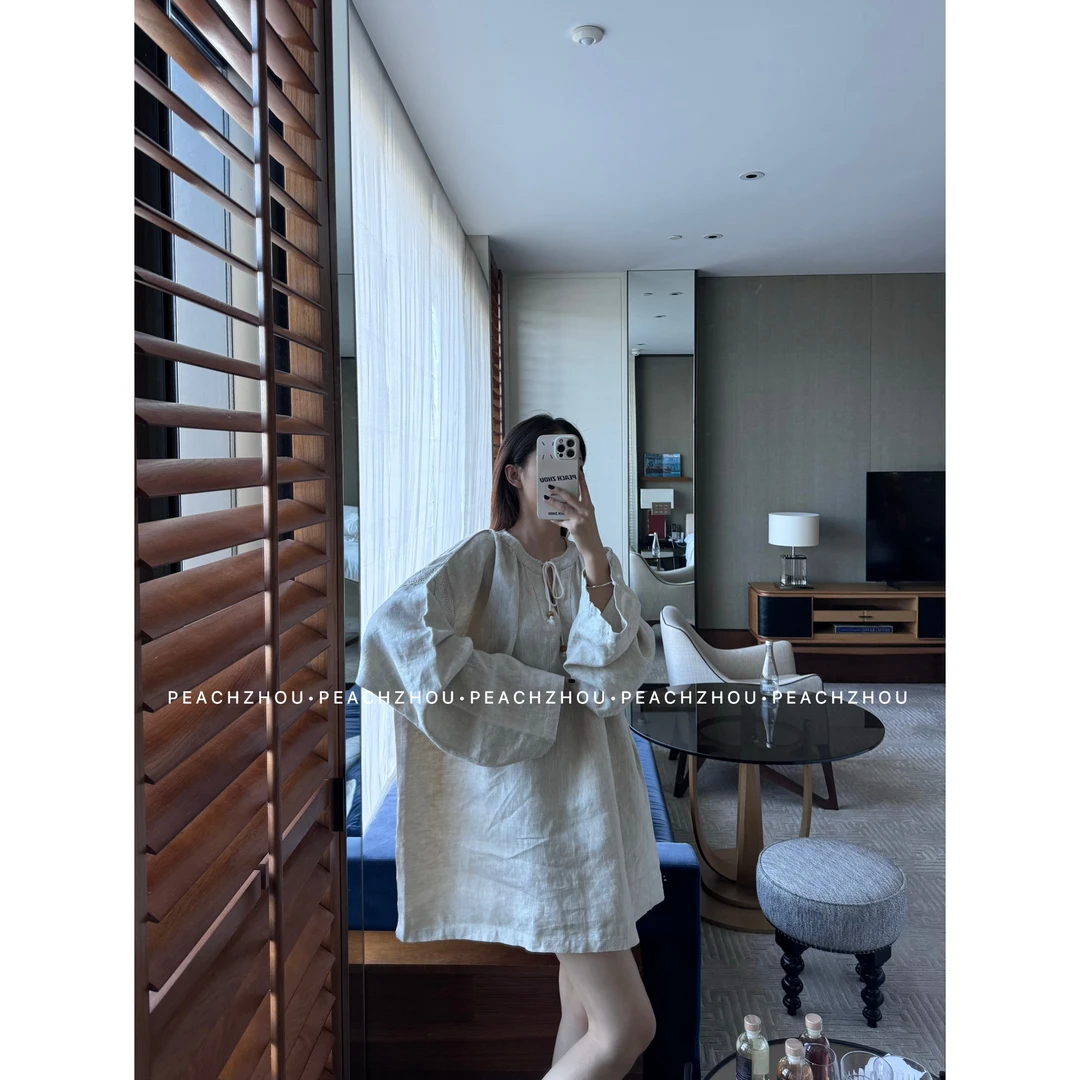 『PEACHZHOU』系带花边亚麻长袖衬衫休闲气质慵懒设计感防晒上衣