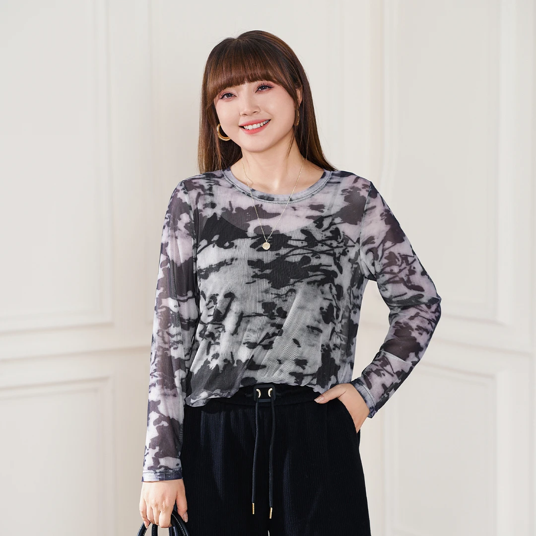 【迷彩印花T恤】MsShe大码女装2025新款秋装内搭网纱打底衫M2408195