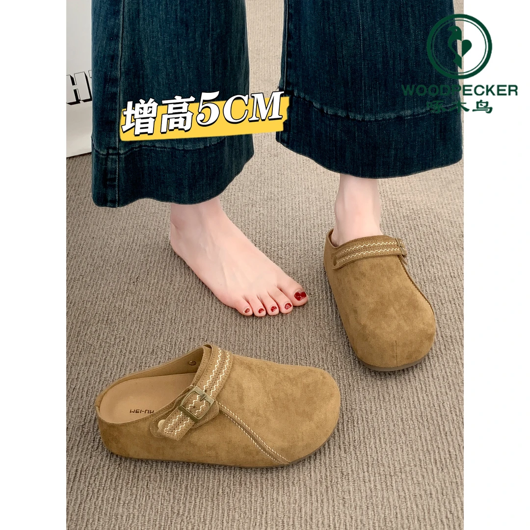 啄木鸟厚底勃肯鞋包头半拖鞋女2025新款秋季一脚蹬懒人博肯单鞋女