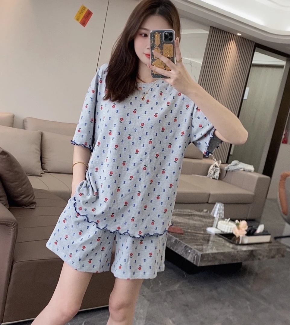 5507 {拍一发三}带胸垫夏季女士纯棉睡衣短袖长裤套装 (甜美碎花）