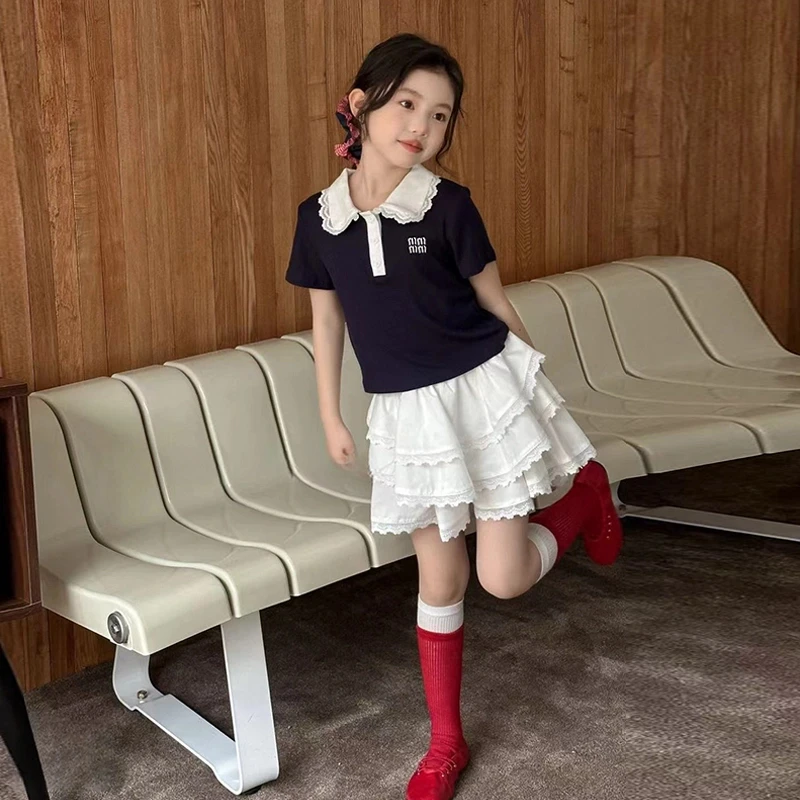 女童夏季短袖t蛋糕裙套装童装学院风POLO衫短裙子T恤儿童舞蹈表演