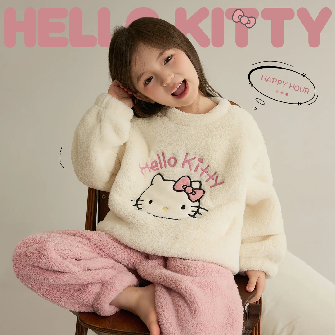 辰辰妈【暖猫】儿童双面绒正版Kitty家居服套装亲子装9075DH