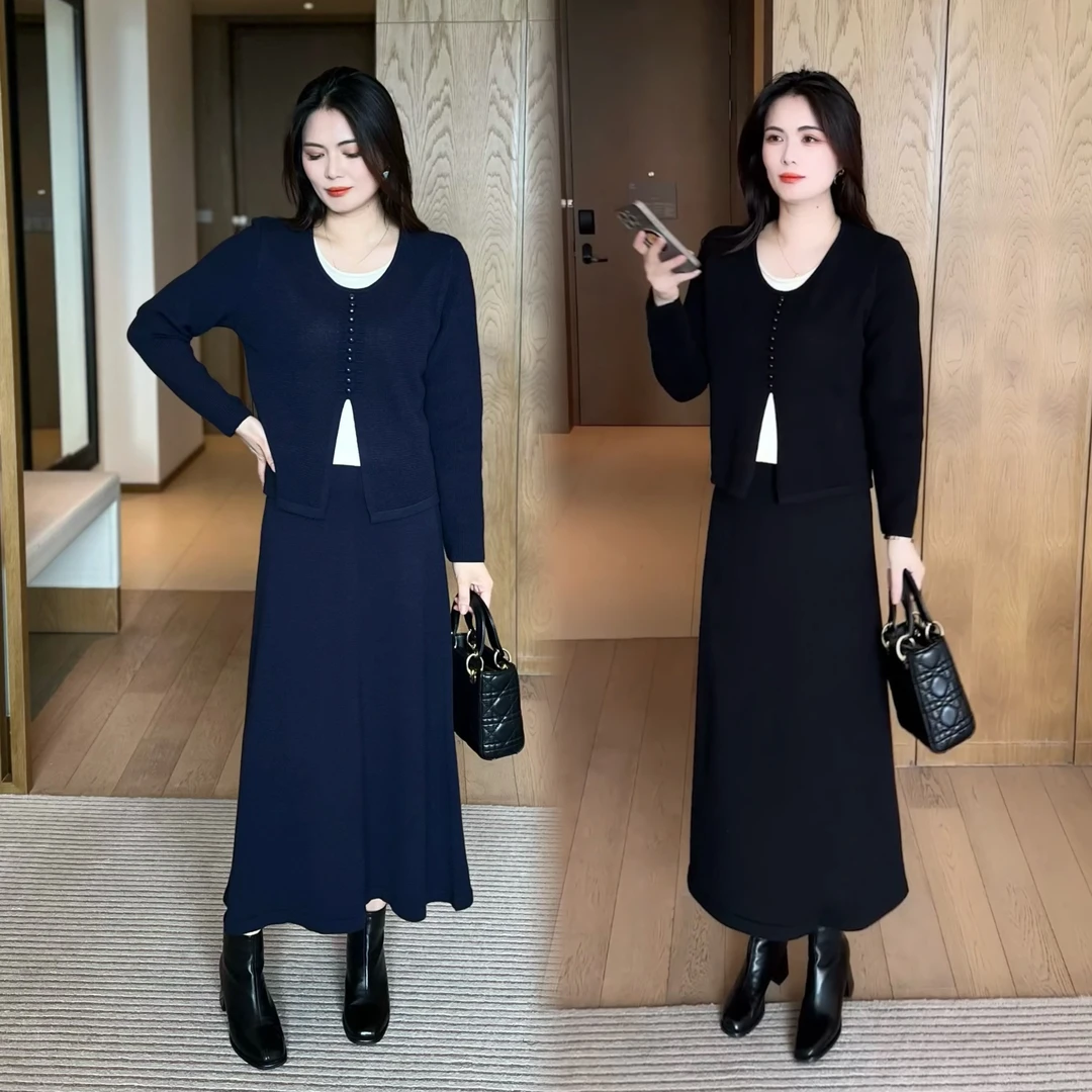 时尚套装女2025秋季新款洋气质减龄显瘦针织假两件上衣半身裙套装