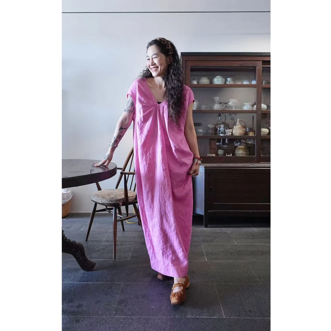 A199-78樱草香连衣裙粉色亚麻宽松气质