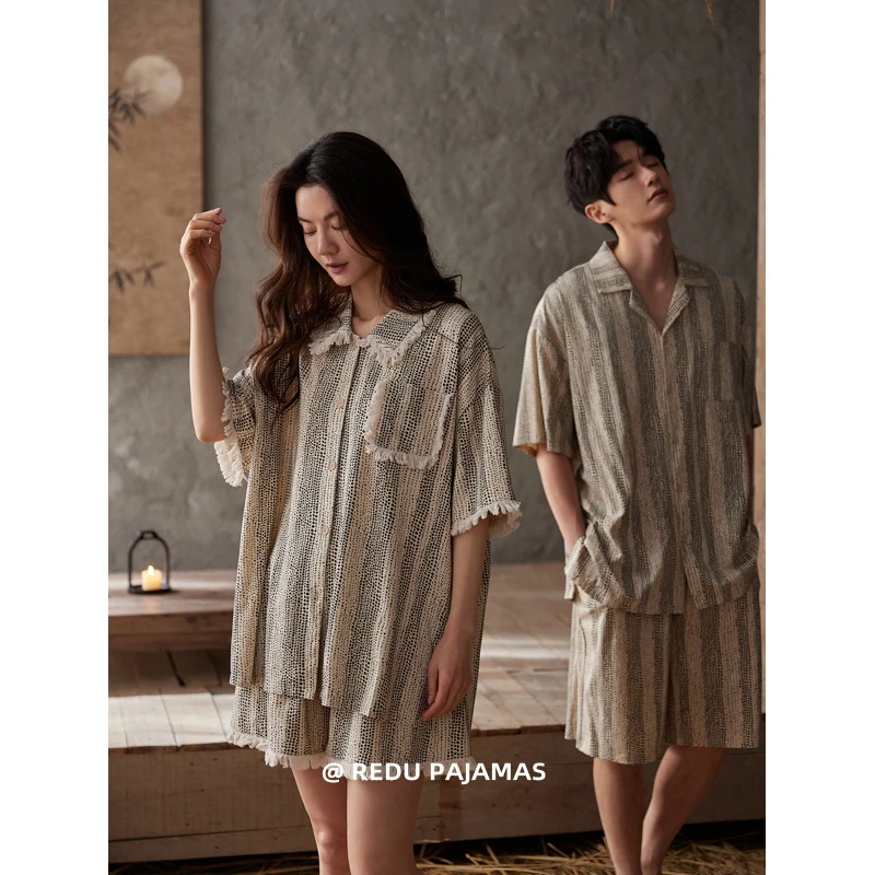 热妒情侣睡衣夏季女带胸垫薄款条纹男士短袖可外穿家居服套装