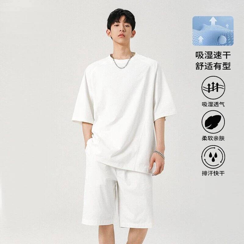 休闲运动套装男夏季纯色五分裤冰丝薄款透气短袖短裤男生帅气套装