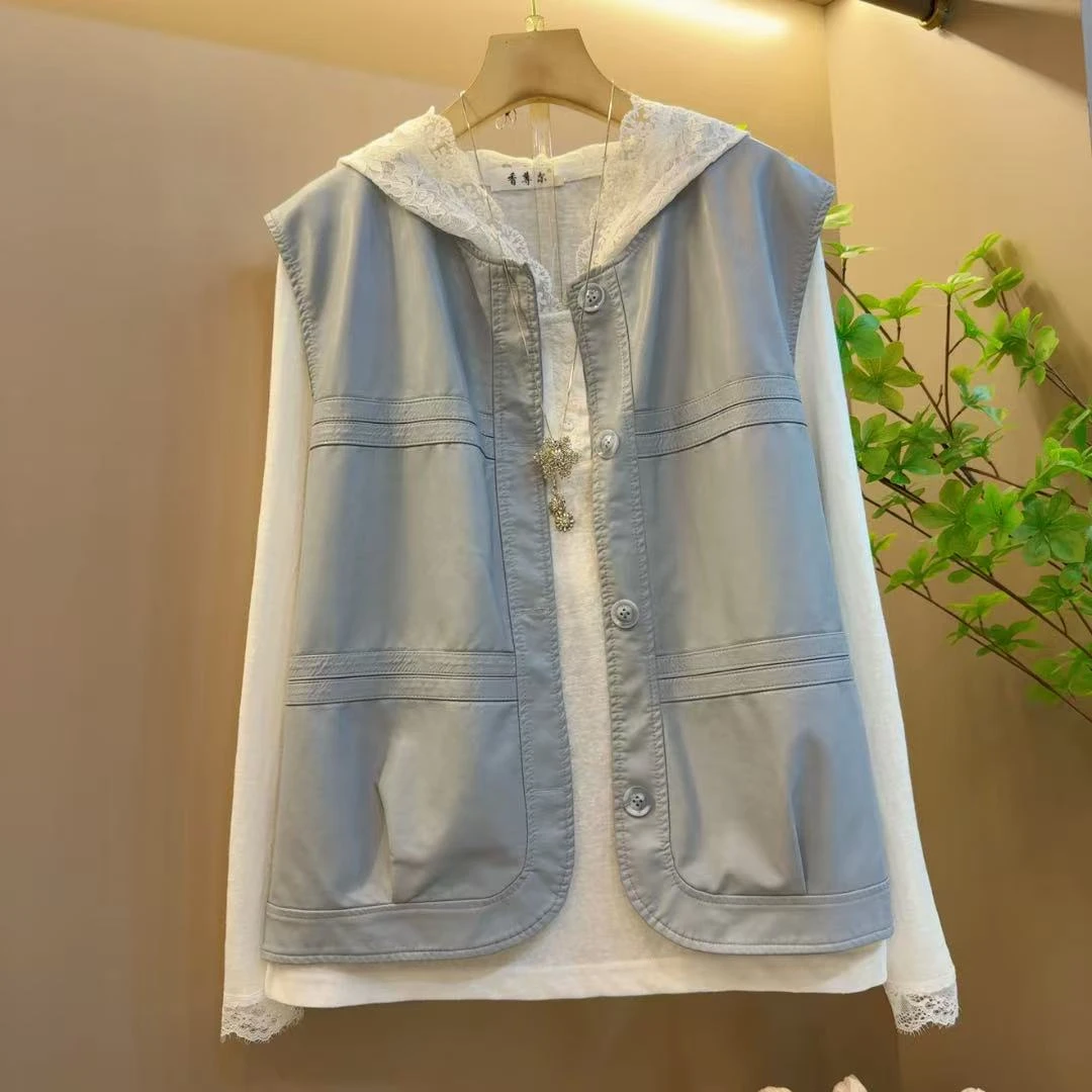 欧洲站韩版大码蕾丝连帽上衣PU马甲洋气两件套装