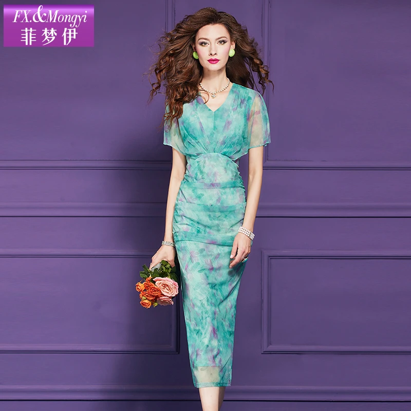 菲梦伊原创印花连衣裙女短袖夏季轻熟性感收腰V领气质长裙子63942