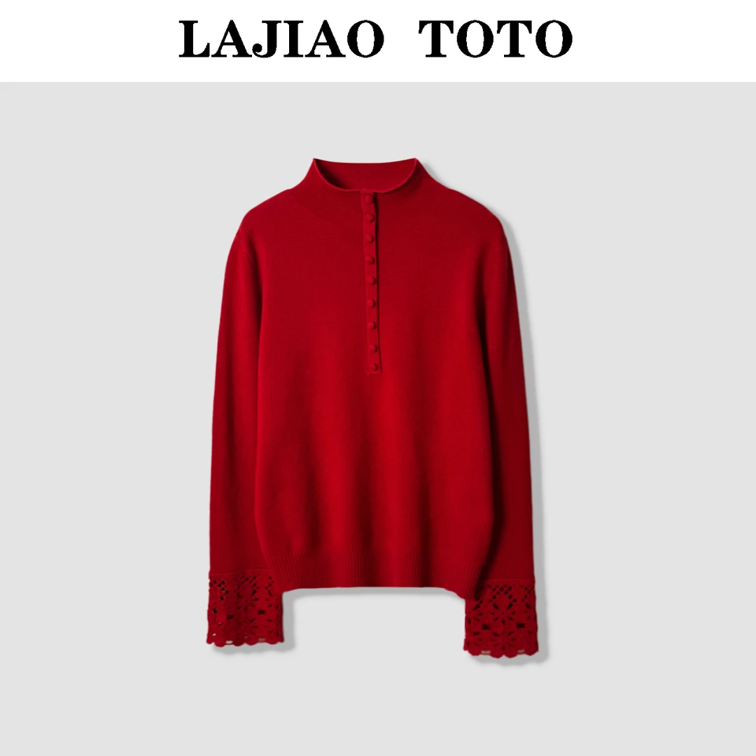 LAJIAO TOTO【袖镂连扣】全羊毛袖镂高领女羊毛衫#HY65273