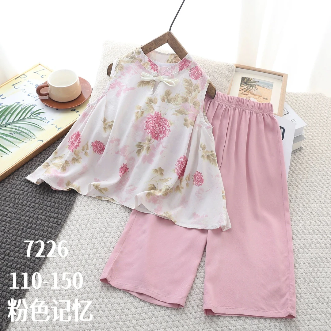 女童棉绸国风套装夏装薄款儿童女孩人造棉无袖上衣阔腿裤两件套