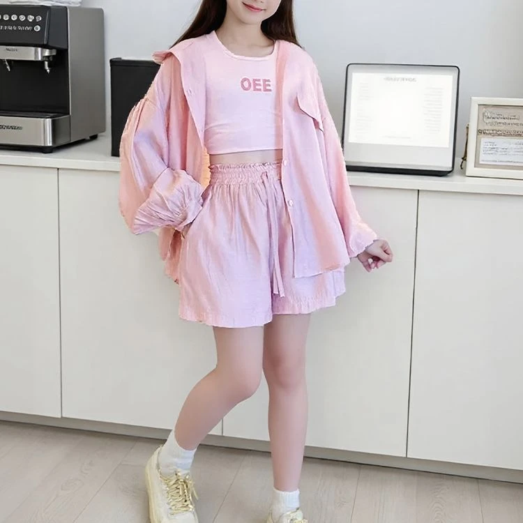 戴维贝啦优选女童夏装套装短裤夏季洋气防晒三件套2025新款洋气中